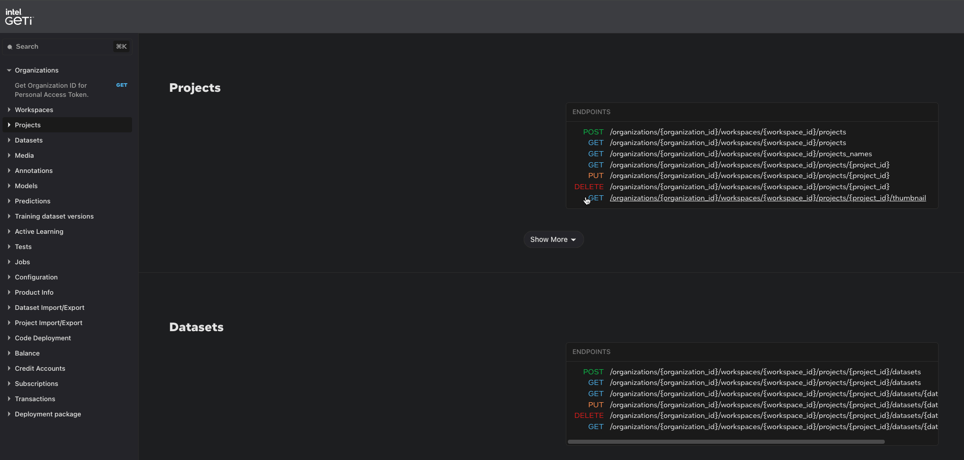 OpenAPI documentation example of projects endpoints